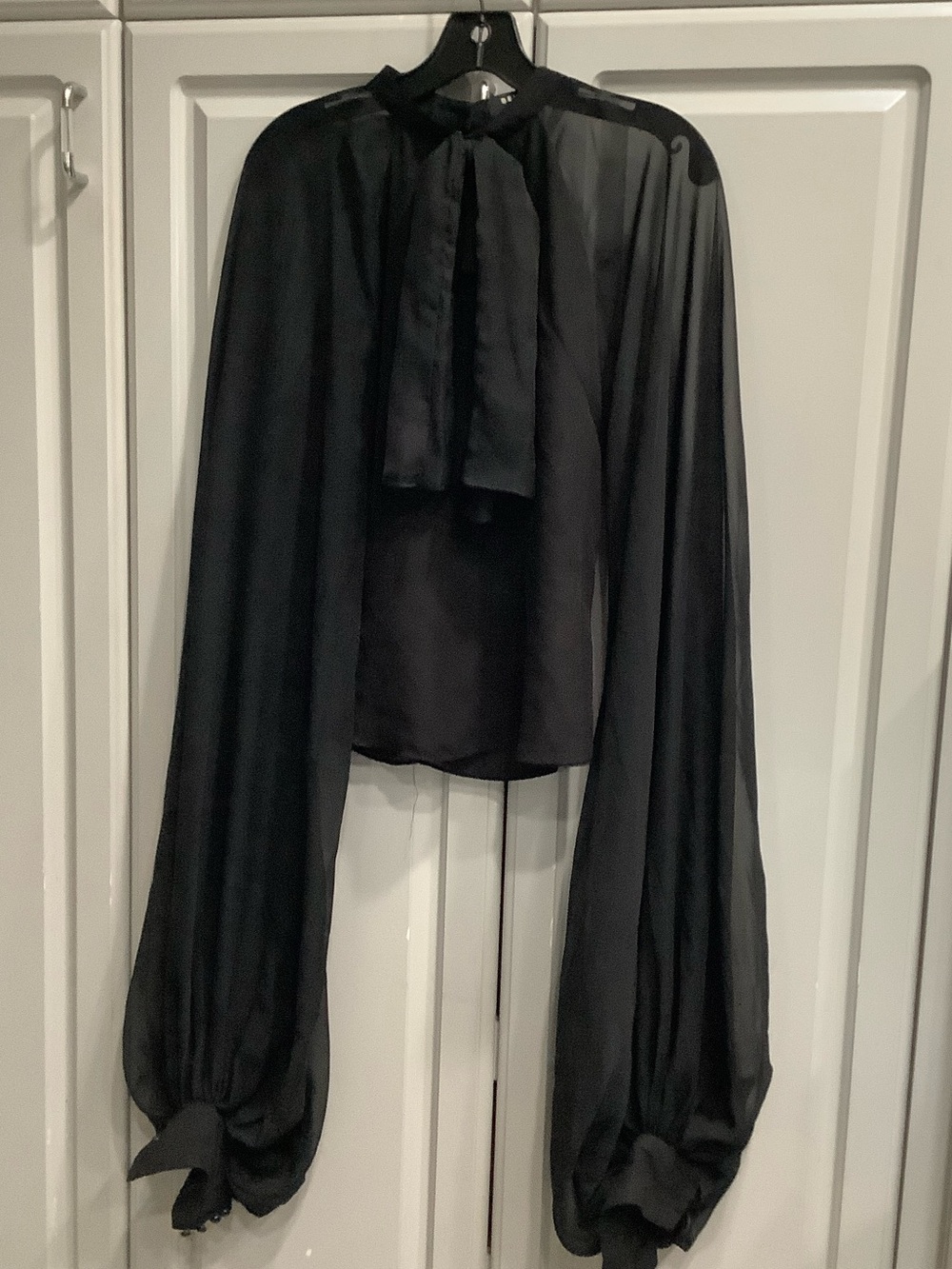 Beulah Black Sheer Tie-Neck Blouse with Voluminous Blouson Sleeves